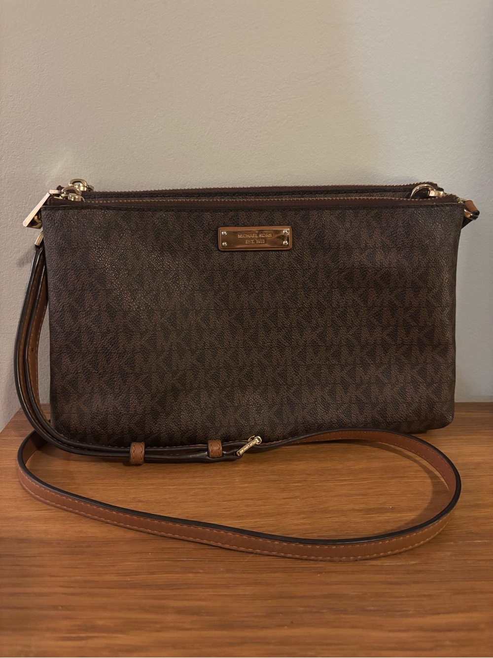 Michael Kors Adele Double Zip Crossbody Bag in brown signature logo canvas